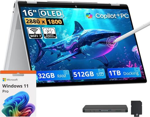 HP OmniBook 7 Flip 16" 3K 2-in-1 Touch Laptop, Intel Ultra 7 258V, 32GB RAM, 5TB Storage(4TB SSD+1TB Docking Station), Intel Arc 140V, Copilot+ PC, Backlit Keyboard, Stylus Pen, Win 11 Pro, Silver in Kuwait