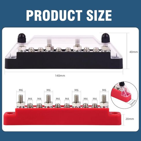 Bus Bar 12V 150A，6*#8(M4) and 4 * 1/4"(M6) Stud Power Distribution Block, Battery Bus bar for marien，Buss Bar 12V for Car、Boat and Solar Wiring (Black+Red) in Saudi Arabia