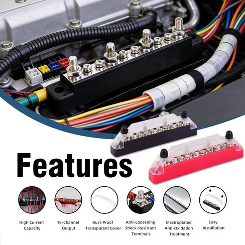 Bus Bar 12V 150A，6*#8(M4) and 4 * 1/4"(M6) Stud Power Distribution Block, Battery Bus bar for marien，Buss Bar 12V for Car、Boat and Solar Wiring (Black+Red) in Saudi Arabia