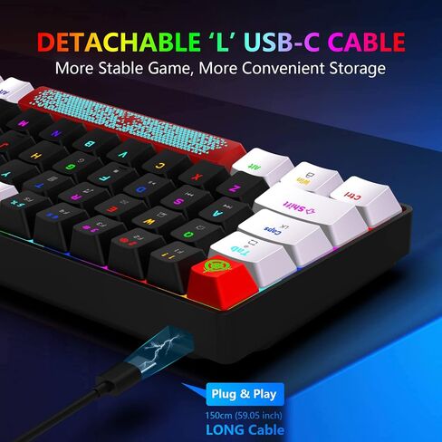 FELICON 60% Wired Mechanical Keyboard, RGB Backlight Compact 68 Key Small Gaming Keyboard All Keys Anti-Ghost, Type-C Waterproof Color Mouse Pad for Windows Laptop PC Mac(Black White & Blue Switch) in Kuwait