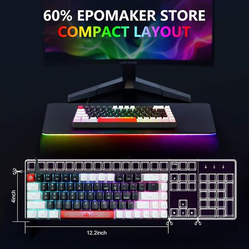 FELICON 60% Wired Mechanical Keyboard, RGB Backlight Compact 68 Key Small Gaming Keyboard All Keys Anti-Ghost, Type-C Waterproof Color Mouse Pad for Windows Laptop PC Mac(Black White & Blue Switch) in Kuwait