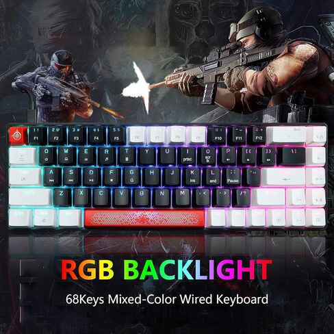 FELICON 60% Wired Mechanical Keyboard, RGB Backlight Compact 68 Key Small Gaming Keyboard All Keys Anti-Ghost, Type-C Waterproof Color Mouse Pad for Windows Laptop PC Mac(Black White & Blue Switch) in Kuwait