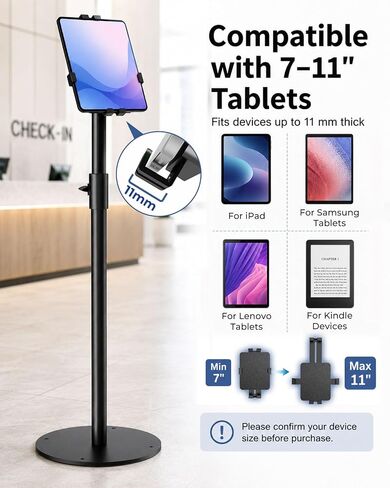 Anti-Theft Tablet Floor Stand 32.6"-40.5" Height Adjustable Tablet Floor Holder for 7-11" iPad/ Galaxy Tab with 360° Swivel & 90°Tilt Locking Clamp Security Kiosk Tablet Floor Mount for Retail in Kuwait