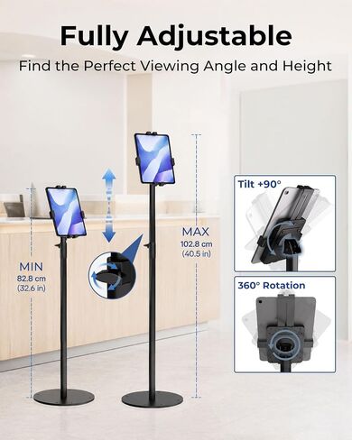 Anti-Theft Tablet Floor Stand 32.6"-40.5" Height Adjustable Tablet Floor Holder for 7-11" iPad/ Galaxy Tab with 360° Swivel & 90°Tilt Locking Clamp Security Kiosk Tablet Floor Mount for Retail in Kuwait