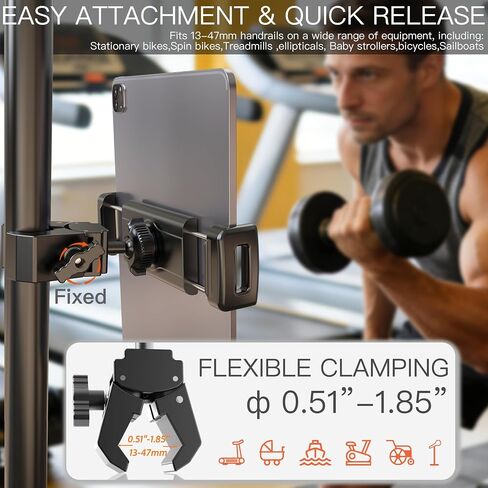 Spin Bike Tablet Holder Super Crab Handlebar Climp Mount for Gym,Treadmill,Stroller,Handlebar,Shopping Cart,Golf Cart Compitable with 4.7~12.9" iPad Switch iPhone e-Reader in Kuwait