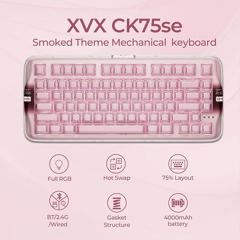 XVX x CoolKiller CK75 SE 75% Tri-Mode Mechanical Keyboard, Gasket Mount Hot-Swap Linear Switch, Crystal Jelly Transparent Keyboard with Full RGB for Gaming and Office-Pink in Kuwait