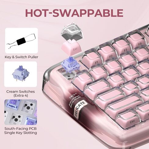 XVX x CoolKiller CK75 SE 75% Tri-Mode Mechanical Keyboard, Gasket Mount Hot-Swap Linear Switch, Crystal Jelly Transparent Keyboard with Full RGB for Gaming and Office-Pink in Kuwait