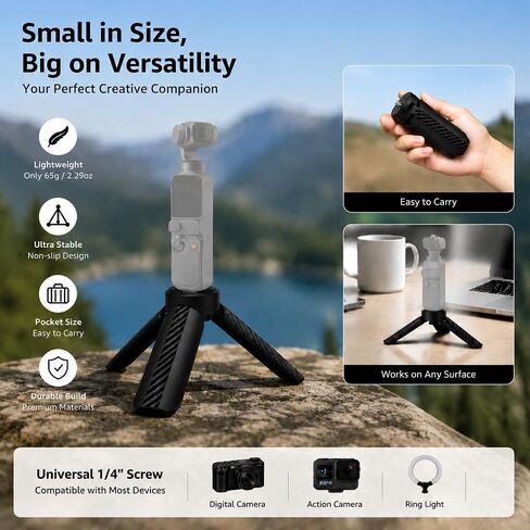 Mini Tripod for DJI Osmo Pocket 4/3/2 – Foldable Desktop & Hand Grip Stand, Compatible with GoPro, Insta360, Action Cameras, Smartphones, Portable 1/4″ Screw Mount for Vlogging & Photography in Saudi Arabia