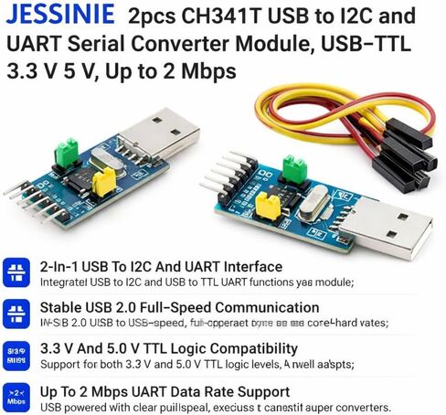 2pcs CH341T USB to I2C and UART Serial Converter Module, USB‑TTL 3.3 V 5 V, Up to 2 Mbps in Saudi Arabia