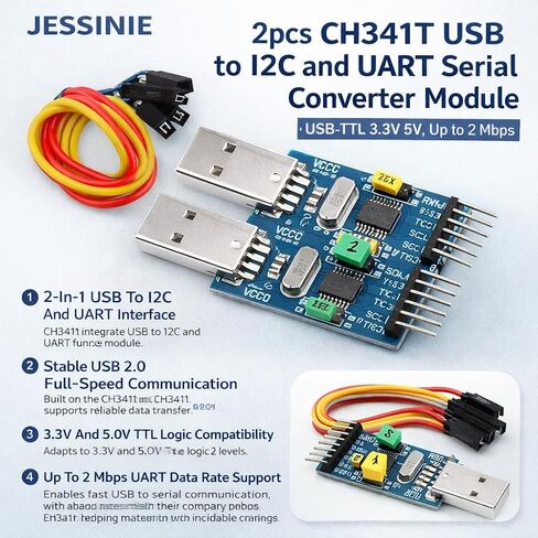 2pcs CH341T USB to I2C and UART Serial Converter Module, USB‑TTL 3.3 V 5 V, Up to 2 Mbps in Saudi Arabia