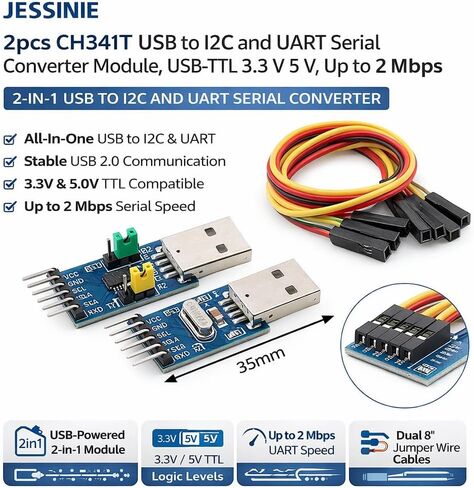 2pcs CH341T USB to I2C and UART Serial Converter Module, USB‑TTL 3.3 V 5 V, Up to 2 Mbps in Saudi Arabia