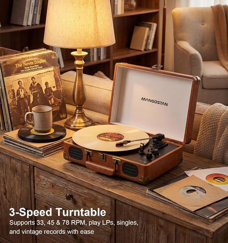Brown Bluetooth Suitcase Record Player, 3-Speed Turntable in Kuwait