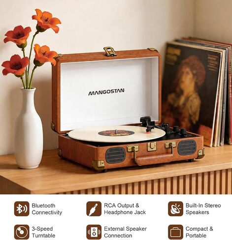 Brown Bluetooth Suitcase Record Player, 3-Speed Turntable in Kuwait