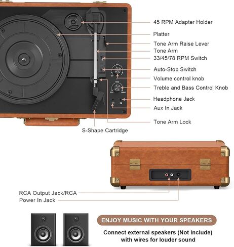 Brown Bluetooth Suitcase Record Player, 3-Speed Turntable in Kuwait