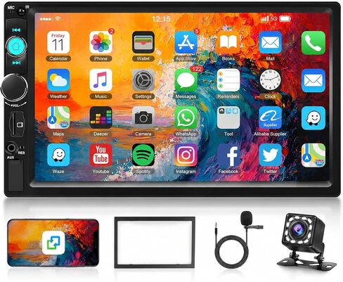 7 inch Double Din Car Stereo with Bluetooth Mirror Link, 2 Din Touch Screen Car Radio Audio Receiver Steering Wheel Control AHD Reverse Camera FM EQ Type-C/USB/AUX Share Video Colorful Light in Kuwait