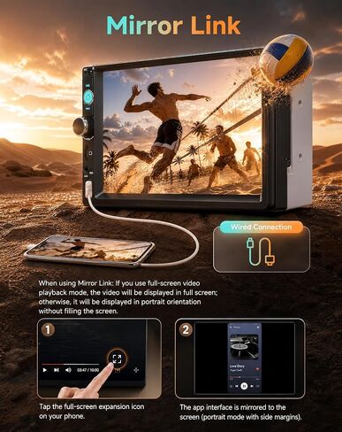 7 inch Double Din Car Stereo with Bluetooth Mirror Link, 2 Din Touch Screen Car Radio Audio Receiver Steering Wheel Control AHD Reverse Camera FM EQ Type-C/USB/AUX Share Video Colorful Light in Kuwait