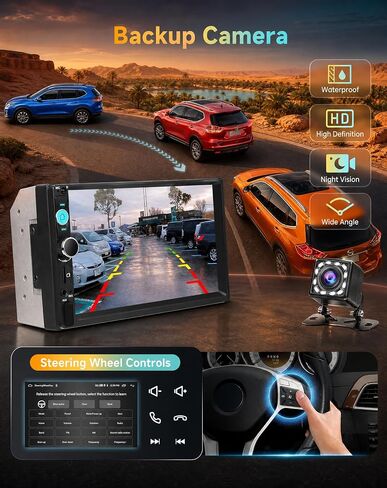 7 inch Double Din Car Stereo with Bluetooth Mirror Link, 2 Din Touch Screen Car Radio Audio Receiver Steering Wheel Control AHD Reverse Camera FM EQ Type-C/USB/AUX Share Video Colorful Light in Kuwait