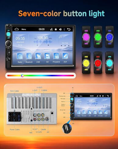 7 inch Double Din Car Stereo with Bluetooth Mirror Link, 2 Din Touch Screen Car Radio Audio Receiver Steering Wheel Control AHD Reverse Camera FM EQ Type-C/USB/AUX Share Video Colorful Light in Kuwait