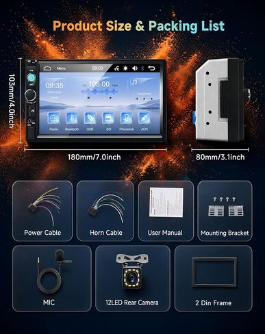 7 inch Double Din Car Stereo with Bluetooth Mirror Link, 2 Din Touch Screen Car Radio Audio Receiver Steering Wheel Control AHD Reverse Camera FM EQ Type-C/USB/AUX Share Video Colorful Light in Kuwait