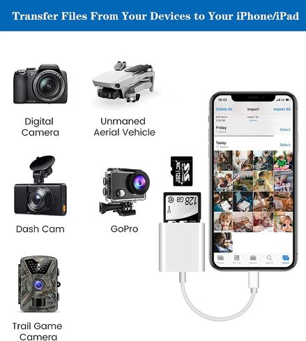 Lightning to SD & TF Card Reader Adapter, Apple MFi Certified 2 in 1 Micro SD TF Memory Card Dual Slot Dongle Cord for iPhone 14 13 12 11 X XS XR 8 7 Plus, iPad, Plug and Play, White in Kuwait