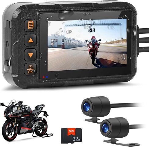 Motorcycle Dash Cam Dual HD Camera Front and Rear View,3" IPS Screen 1080P IP65 Waterproof 150° Wide Angle Sportbike Recording DVR with G-Sensor,Loop Recording,Night Vision,Parking Monitor in Kuwait
