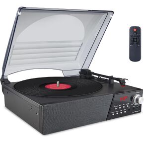 LUXSWAY Record Player, Turntable with Stereo Speakers for Vinyl Records, Vintage Bluetooth 3-Speed Belt Drive, Remote Control, FM Radio/USB Playback/RCA Line-Out/AUX-in/Headphone Jack, Black in Kuwait