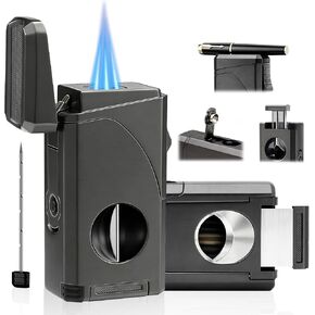 6-in-1 Triple Jet Butane Torch Lighter Built-in V & Straight Cutter, Punch, Holder, Draw Enhancer, Refillable Lighters and Windproof Gas Lighter for Candles, Cool Lighter for Men (No Gas) in Saudi Arabia