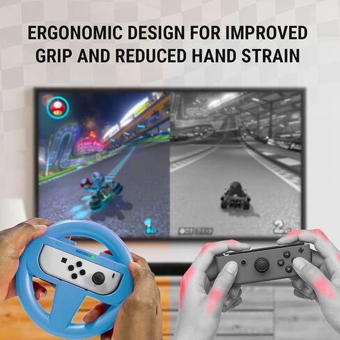Orzly Steering Wheels for Nintendo Switch & OLED JoyCons, Racing Wheels for Mario Kart 8 Deluxe [Mariokart Switch Steering Wheel Joycon Controller Attachment Accessories] - TWIN PACK[1x Red & 1x Blue] in Kuwait