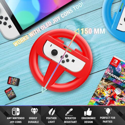 Orzly Steering Wheels for Nintendo Switch & OLED JoyCons, Racing Wheels for Mario Kart 8 Deluxe [Mariokart Switch Steering Wheel Joycon Controller Attachment Accessories] - TWIN PACK[1x Red & 1x Blue] in Kuwait