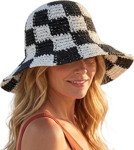 XXL Wide Brim Sun Hat for Women with Big Heads, Checkered Straw Beach Hat Summer UV Protection Foldable Travel Bucket Hat in Saudi Arabia