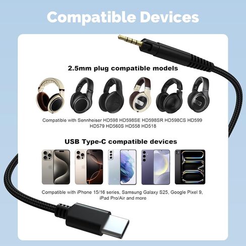 USB C to 2.5mm Audio Cable Compatible with Sennheiser HD598 HD598SE HD598SR HD598CS HD599 HD579 HD560S HD558 HD518 Headphones, Type-c to 2.5mm Aux Cord for iPhone 15 16 PC Smartphone, 5FT in Kuwait