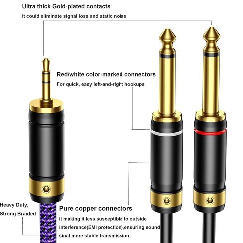3.5mm 1/8" TRS to Dual 6.35mm 1/4" TS Mono 24K Gold-Plated Pure Copper Shell Braided Y-Cable Splitter Cord for smartphone, Computer Sound Card, Multimedia Speaker, Home Stereo System (4.9ft/1.5m) in Kuwait