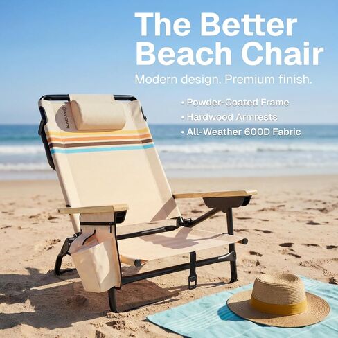 WOVN Premium Reclining Beach Chairs - Portable Lay Flat Folding Beach Chair for Adults - Includes Shoulder Backpack Strap, Pillow, 2 Pockets, and Cup Holder - Drifter in Kuwait