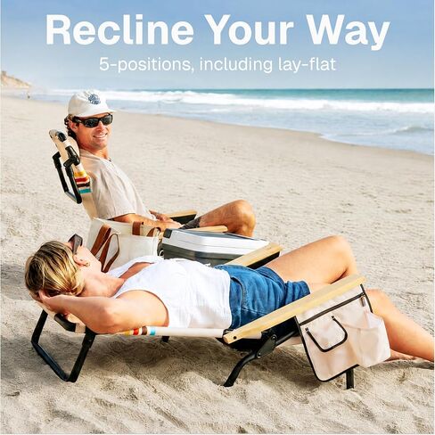 WOVN Premium Reclining Beach Chairs - Portable Lay Flat Folding Beach Chair for Adults - Includes Shoulder Backpack Strap, Pillow, 2 Pockets, and Cup Holder - Drifter in Kuwait
