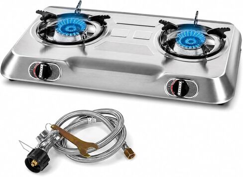 XtremepowerUS Double Burner Propane Stove, 25,516 BTU Outdoor Camping Cooktop with Auto Ignition, Portable Stainless Steel LPG Gas Stove for Camping, RV, Tailgating & Outdoor Cooking in Saudi Arabia