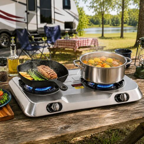 XtremepowerUS Double Burner Propane Stove, 25,516 BTU Outdoor Camping Cooktop with Auto Ignition, Portable Stainless Steel LPG Gas Stove for Camping, RV, Tailgating & Outdoor Cooking in Saudi Arabia