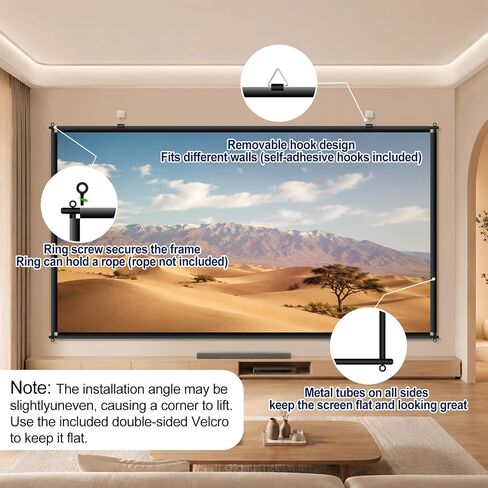 100 inch Fixed Frame Projector Screen, Outdoor Indoor Movie Projector Screen, Wrinkle-Free Large Hanging Projection Screen for Room Wall, Theater, Camping, Backyard, 4K HD 16:9 in Kuwait