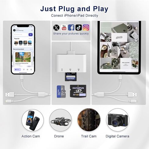 3-in-1 SD Card Reader for iPhone with Lightning/USB-C/USB-A - XD,SD,MicroSD Memory Card Adapter up to 2TB, Compatible with iPhone 16/15/14, iPad, Android, MacBook,PC,Camera & Drone in Kuwait