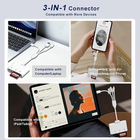 3-in-1 SD Card Reader for iPhone with Lightning/USB-C/USB-A - XD,SD,MicroSD Memory Card Adapter up to 2TB, Compatible with iPhone 16/15/14, iPad, Android, MacBook,PC,Camera & Drone in Kuwait