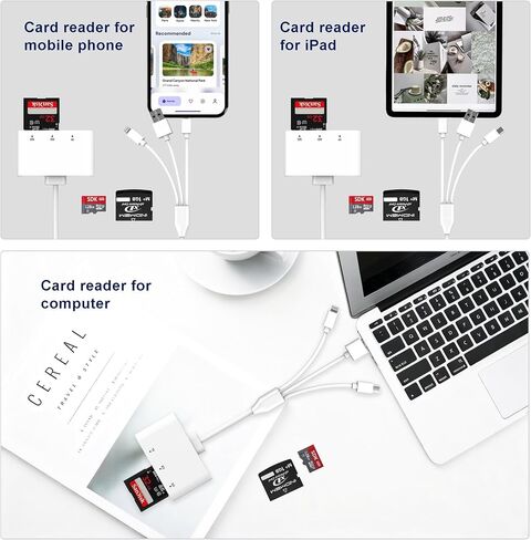 3-in-1 SD Card Reader for iPhone with Lightning/USB-C/USB-A - XD,SD,MicroSD Memory Card Adapter up to 2TB, Compatible with iPhone 16/15/14, iPad, Android, MacBook,PC,Camera & Drone in Kuwait