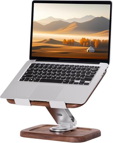 Walnut-Wooden Laptop Stand for Desk, Adjustable Height & Angle with 360° Aluminum Alloy Swivel Base, Wood Laptop Stand Compatible with MacBook Pro, All Laptops 10-17", Brown in Kuwait