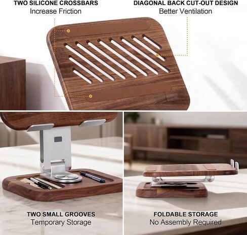 Walnut-Wooden Laptop Stand for Desk, Adjustable Height & Angle with 360° Aluminum Alloy Swivel Base, Wood Laptop Stand Compatible with MacBook Pro, All Laptops 10-17", Brown in Kuwait