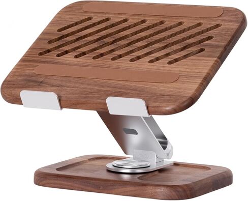 Walnut-Wooden Laptop Stand for Desk, Adjustable Height & Angle with 360° Aluminum Alloy Swivel Base, Wood Laptop Stand Compatible with MacBook Pro, All Laptops 10-17", Brown in Kuwait