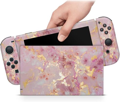 ZOOMHITSKINS Skin Compatible with Switch, Pink Marble Gold Rose Quartz Agate Stone Design, Durable 3M Vinyl Decal Wrap, Precision Fit, Bubble-Free, Made in USA in Kuwait