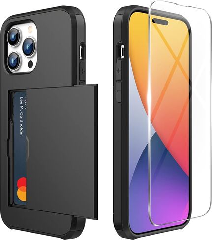 ZUSLAB Card Holder Slot Case Compatible with Apple iPhone 14 Pro Max 6.7'' 2022, Phone Wallet Case with 1 Tempered Glass Screen Protector, Shockproof Rubber & PC Bumper Cover for Women Men, Black in Kuwait