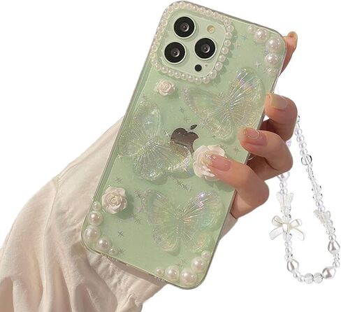 Compatible for iPhone 17 Case 3D Butterfly Floral Clear Aesthetic Women Teen Girls Glitter Pretty Crystal Sparkle Cute Phone Case Protective Cover+Chain in Kuwait