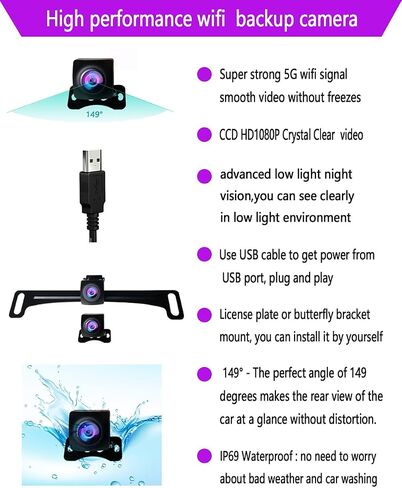 WiFi Backup Camera, Strong 5G WiFi HD1080P Clear Picture, Wide Angle Rear View Reverse Back up Camera, Night Vision Waterproof License Plate Reversing Rearview Camera for Car SUV Pickup iPhone in Kuwait
