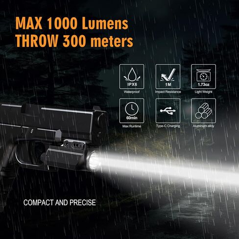 VTIGER Compact LED Weapon Light, 1000 Lumen 984 FT Long Range Mini Pistol Light, Adjustable Rail Locating Small Tactical Flashlights Compatible with GL, 1913 Picatinny, Weaver Rails IPX6 in Kuwait