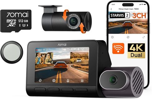 【70mai T800+CPL for T800】 70mai 4K T800 3 Channel Dash Cam, Dash Cam Front and Rear Inside(2160P+2160P+1080P), STARVIS 2 IMX678, HDR Night Vision, Dash Camera for Cars with 512GB Card, WiFi 6, 4G LTE in Kuwait