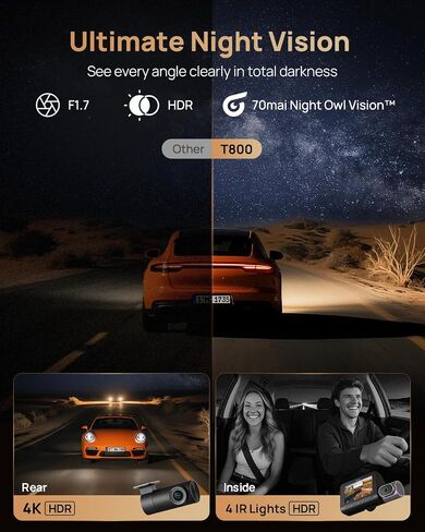 【70mai T800+CPL for T800】 70mai 4K T800 3 Channel Dash Cam, Dash Cam Front and Rear Inside(2160P+2160P+1080P), STARVIS 2 IMX678, HDR Night Vision, Dash Camera for Cars with 512GB Card, WiFi 6, 4G LTE in Kuwait